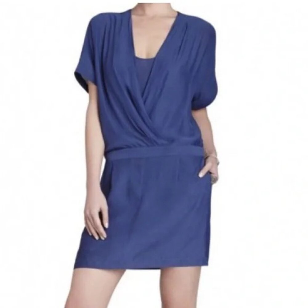 BCBGMAXAZRIA Blue Wrap Short-Sleeve Dress | Sheer Overlay | Size 8 - Picture 2 of 16